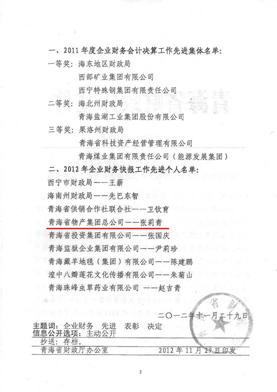 物產(chǎn)集團(tuán)榮獲2011年度財(cái)務(wù)決算先進(jìn)單位、2012年度財(cái)務(wù)快報(bào)工作先進(jìn)個(gè)人表彰